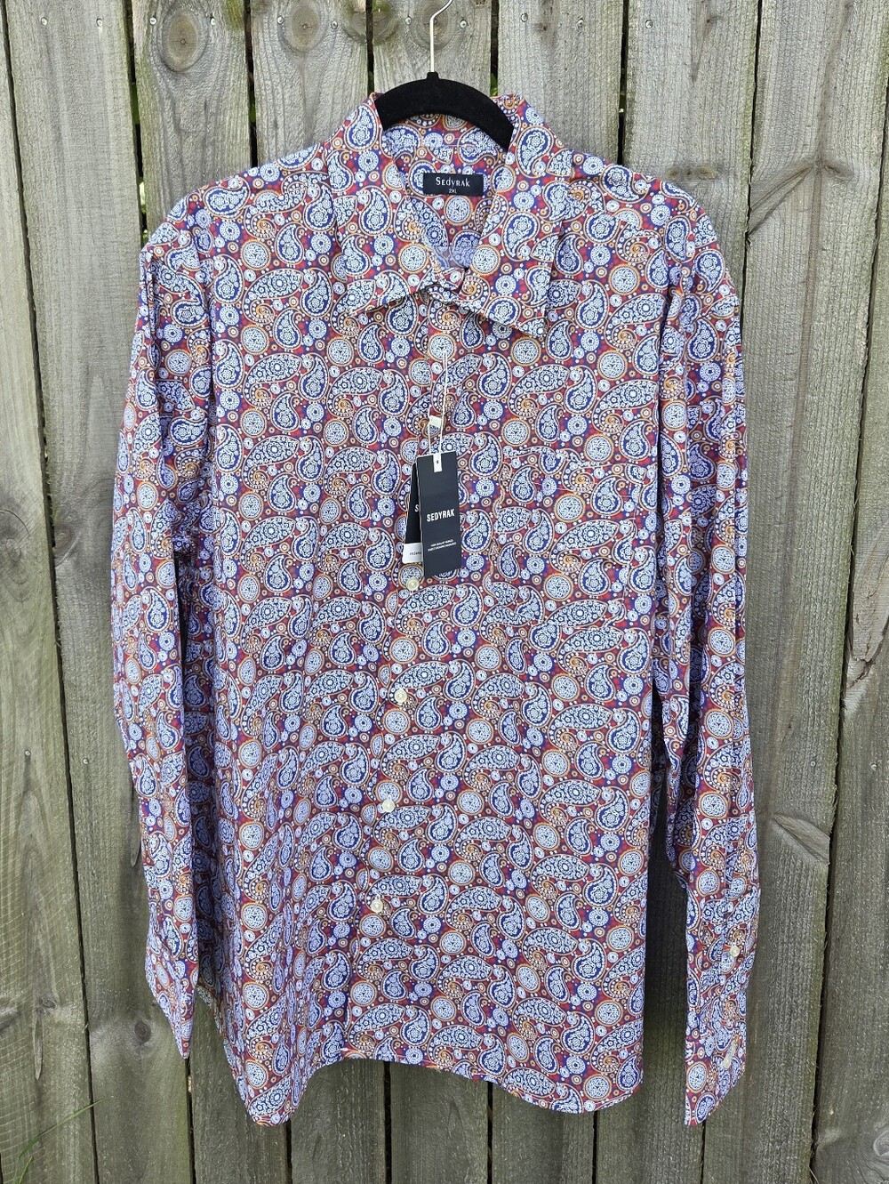 NWT Sedyrak Men's 2XL Cotton Paisley Dress Shirt Long Sleeve Red Blue Gold NEW